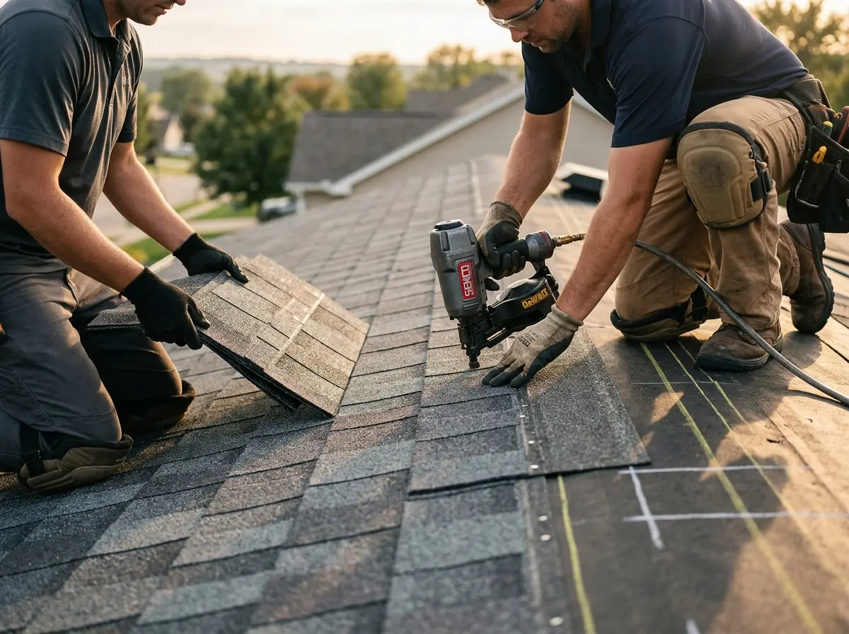 Professional roofer working on a residential roof in Damascus